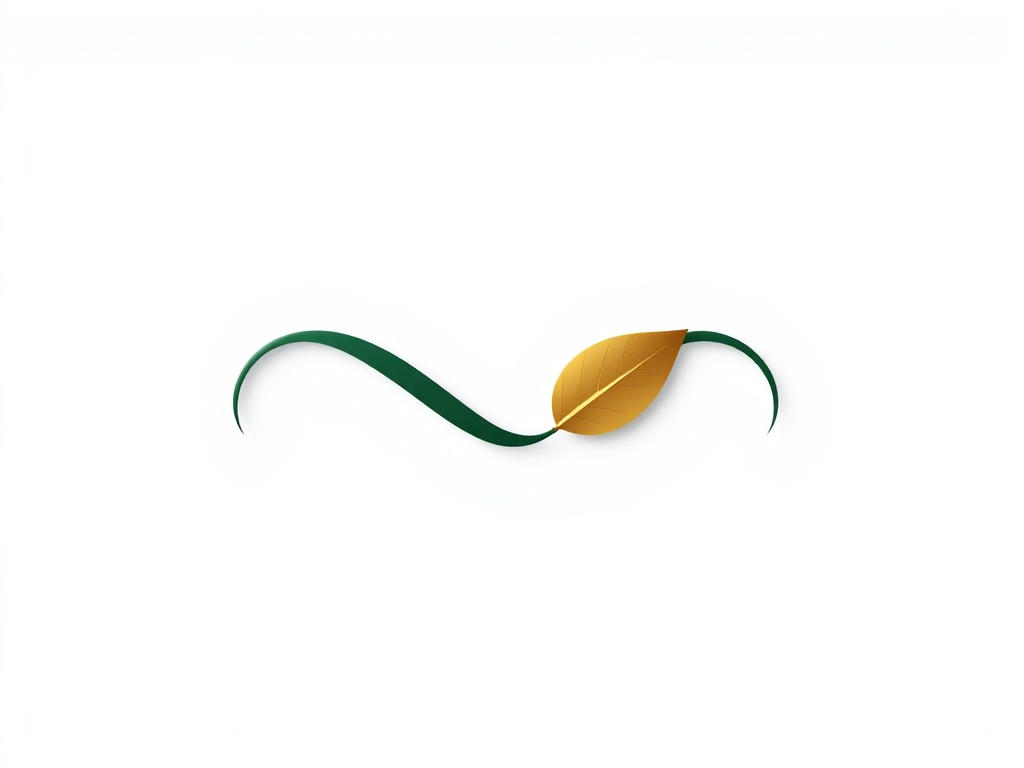A minimalist logo mark combining a stylized infinity symbol and a leaf, in deep green and gold, on a clean white background. Photorealistic, 8k, commercial photography style, vector aesthetic.